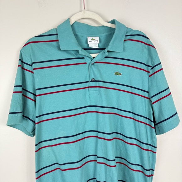 Lacoste Polo Mens 7 Large Teal Blue Red Stripe Short Sleeve Preppy Short Sleeve - Picture 4 of 8